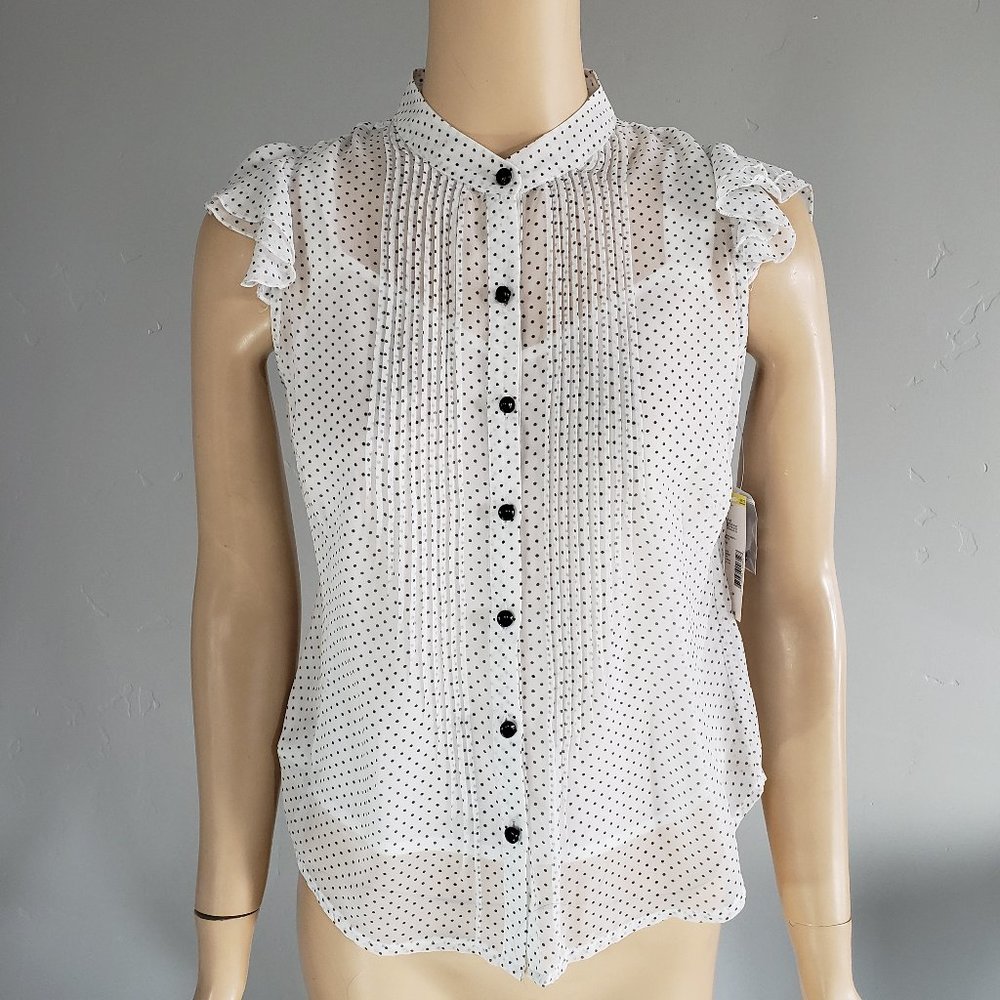 Covington Black & White Polka Dot Sheer Pintuck Flutter Sleeve Blouse Small NWT